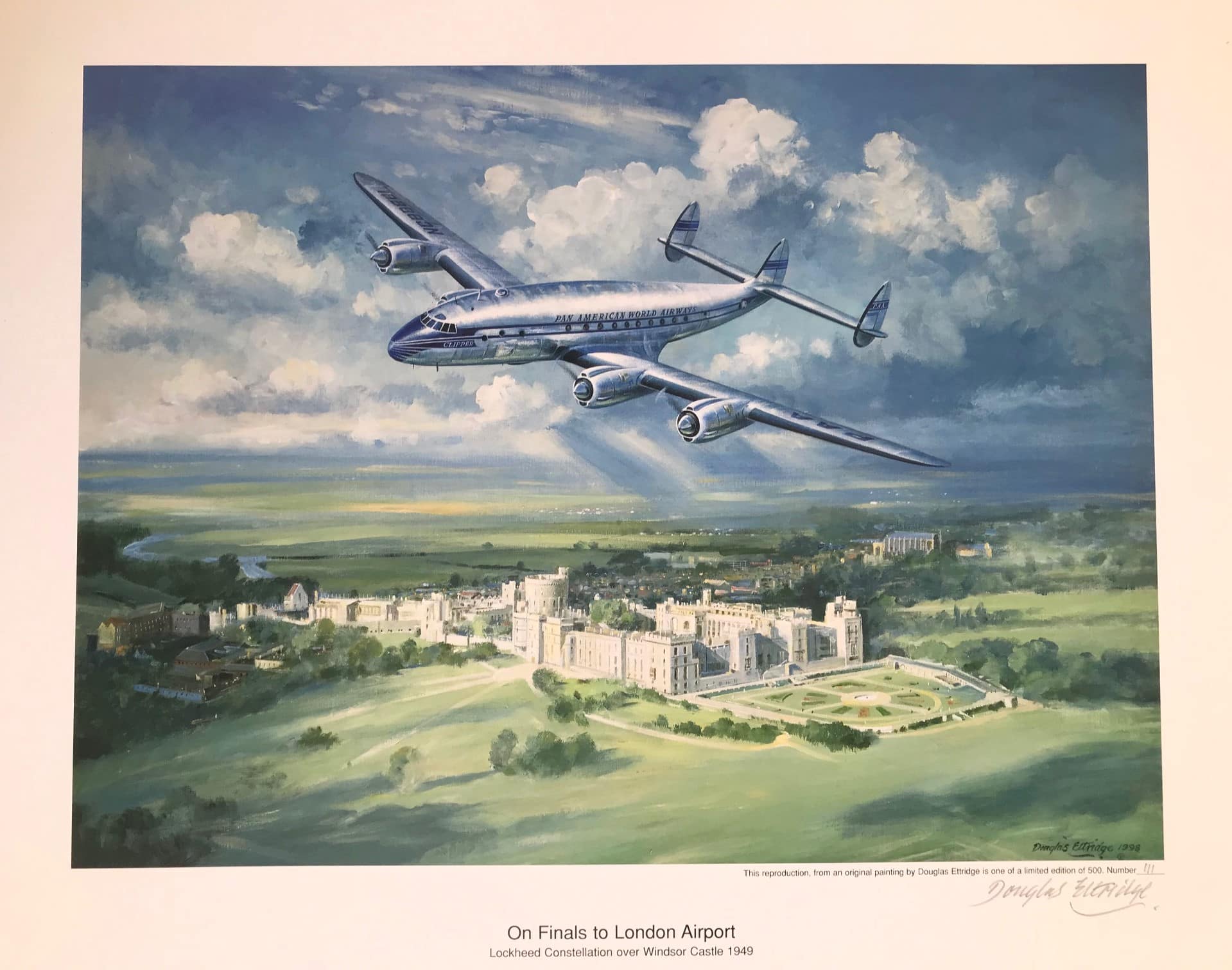 On finals to London Airport. Lockheed constellation over Windsor castle 1949. Art print by Douglas Ettridge 1927-2009. Signed and numbered 111 0f 500. MODERN ART Antique Art 3